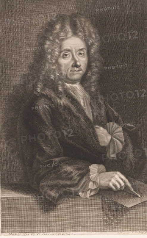 Portrait of Antoine Masson, print, printmaker: P. Le Roi, 1700 - 1799, paper, engraving, height 324 mm x width 208 mm, Person, Antoine Masson, historical persons, tools, implements of graphic artist, portrait, self-portrait or graphic artist, A monochrome engraved portrait of a seated person with long, tightly curled hair, wearing a heavy fur-trimmed coat over a light shirt with ruffled cuffs; the figure looks toward the viewer with a neutral expression, one hand resting on a surface and the other holding a slender pen poised above a sheet of paper, with finely crosshatched shading creating texture across the clothing, hair, and background.