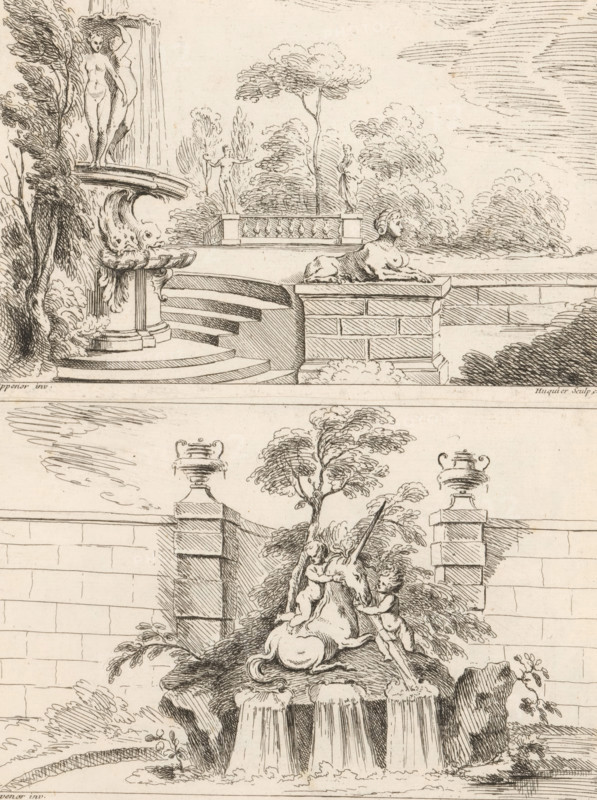 Garden with a fountain with naked women and dolphins by a sphinx, New book of fountains, Nouveau livre de fontaines, print, album page, ornamental print, This print is part of an album., printmaker: Gabriel Huquier, after design by Gilles Marie Oppenort, Paris, c. 1725 - c. 1750, paper, etching, height 127 mm x width 199 mm, The prints in this series are glued together in pairs to be bound into the book with the same format as the preceding pages., garden fountain, ornamental fountain, sphinx (lion, woman), 'Sphinge' (Ripa), A detailed pen-and-ink scene shows a formal garden with stone terraces, balustrades, and ornamental urns. In the upper section a carved fountain features two standing nude statues on a curved ledge beside a tiered basin with water spilling into a lower receptacle, and a reclining sphinx-like creature rests on a square plinth near trimmed trees and layered hedges under a sky with linear cloud strokes. Below, a central rocky mound supports a sculptural group of two c...