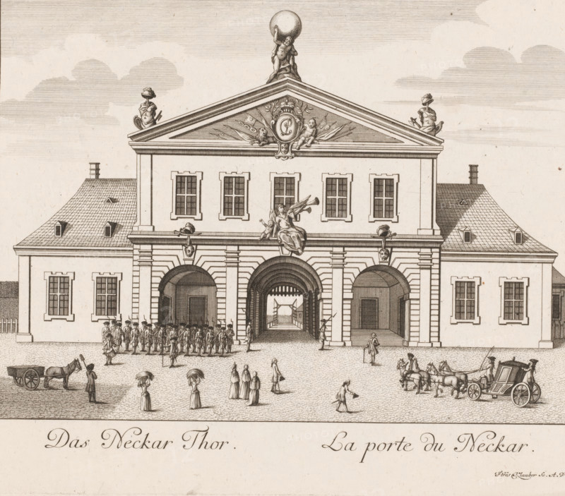 View of the Neckar Gate, in Mannheim, Das Neckar Thor, La porte du Neckar, Vues de Mannheim représentées sur vingt six planches, print, Numbered top right: 4., printmaker: Klauber, gebroeders, Augsburg, after drawing by Johann Franz von der Schlicht, publisher: Christian Friedrich Schwan, Mannheim, 1782, brothers, Bavaria, Baden-Württemberg, paper, etching, engraving, height 218 mm x width 284 mm, city-gate, A detailed engraving of a large classical building with a central pediment topped by a sculptural group holding a large sphere and flanked by seated figures, a row of windows beneath the pediment, and three large arched openings at ground level, flanked by pilasters and decorative faces; a reclining wing extends on each side with steep tiled roofs and small dormer windows, chimneys rising at the rooflines; sculpted ornamental figures and garlands adorn the facade around the pediment and above the central arch where a seated figure with a trumpet and a child are placed; in front of ...