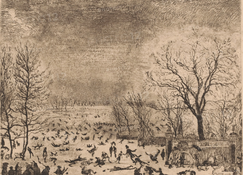 The Patinators, Skaters, print, printmaker: James Ensor, 1889, paper, etching, drypoint, intaglio printmaking technique, drypoint and plate tone, height 180 mm x width 240 mm, The skaters skate on the grounds of the Rousseau family in Watermaal near Brussels (Lebeer, 1971)., skates (winter sports), Watermaal-Bosvoorde, A sepia-toned landscape print showing bare trees with intricate branching on both sides and a textured sky above, a flat open area in the middle populated by many small figures and animals scattered across the ground, clusters of people gathered at the lower edges, and a fence with a small group of seated and standing figures beside it on the right.