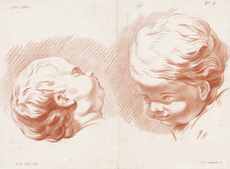 Two heads of children, Compositions with parts of the human body, dedicated by: Pierre Thomas Le Clerc, dedicated to: Jean Baptiste Marie Pierre, 1773 - 1777, Jean François Janinet, Le Père & Pierre-Michel Avaulez, Charles, printmaker, after drawing by, publisher, Paris, paper, pencil, crayon manner, crayon manner in red with pencil lines, height 213 mm x width 293 mm, This print is part of an album consisting of at least eleven parts. This is the second page of the tenth album. These albums probably served as examples for draftsmen, painters, and engravers., Two red chalk sketches of a child's head occupy the page, one shown in profile looking upward with curly hair rendered in flowing strokes and soft shading, the other a three-quarter view looking downward with expressive eyes, rounded cheeks, and similarly detailed wavy hair; both heads are set against hatched shading and drawn on a textured, off-white sheet with faint guide lines and subtle creases.