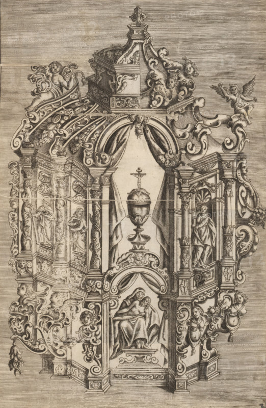 Tabernacle with dome and saints, Neues Zierathen Buch, Designs for altars, tabernacles, epitaphs, fireplaces, sleds, album page, ornamental print, Series number, 2, 34, In the center a chalice with the Pietà. On the left the apostles Judas and Simon Zelotes, on the right St. Mary Magdalene. This print is part of an album., printmaker, after design by, publisher, Bavaria, Nuremberg, Wemding, paper, engraving, height 345 mm x width 227 mm, chalice, auricular ornament, lobe style, ornament, tabernacle, altar, An ornate architectural engraving showing a central arched niche flanked by elaborate columns and scrollwork, with a draped curtain framing a pedestal topped by a chalice-like vessel and a small crucifix above it; the structure is richly decorated with carved faces, putti, winged cherubs, and flowing acanthus foliage, and features multiple sculpted figures set into niches, including a seated maternal figure holding a child and standing figures in classical drapery, all rendered in fi...