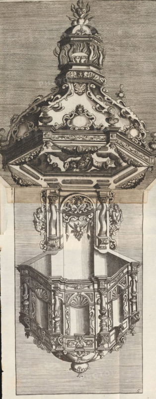 Pulpit, Designs for altars, tabernacles, epitaphs, mantelpieces, sleds, Neues Zierathen Buch, album page, ornament print, Series number, 5, 34, This print is part of an album., printmaker, after design by, publisher, Bavaria, Nuremberg, Wemding, paper, engraving, height 250 mm x width 218 mm x height 17 mm x width 171 mm x height 249 mm x width 167 mm, Partly facsimile., ambo, chancel, auricular ornament, lobe style, ornament, A vertically oriented engraved depiction of an ornate architectural canopy and balcony, featuring intricate baroque ornamentation throughout. The upper portion shows a domed structure topped by flame-like decorative elements, layered scrollwork, and carved mask motifs. Beneath the dome the canopy flares into a heavily decorated cornice with acanthus leaves, volutes, and sculpted faces, and a recessed underside containing a carved reclining bearded figure set among cloud-like forms. Supporting the canopy are pairs of twisted and fluted columns with richly carved c...