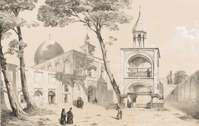 Vank Cathedral of Isfahan, Église de Djoulfa Ispahan, Persian landscapes, Perse modern, print, book illustration, Top left of the image the series title, top right the plate number 'Pl. XLII'., printmaker: Eugène Flandin, printer (person): Thierry frères, Paris, publisher: Gide et J. Baudry, 1843 - 1854, printer (person), paper, tone lithography, height 430 mm x width 509 mm, The official name of the cathedral is Holy Savior Cathedral. From: Coste, Pascal-Xavier and Eugène Napoléon Flandin. Voyage en Perse de mm. Eugène Flandin, peintre, et Pascal Coste, architect, 8 vols. Paris: Gide et Jules Baudry, 1843-1854., church (exterior), Orthodox Churches, Isfahan, A wide architectural courtyard scene rendered in monochrome shows a domed building with arched openings and ornate façades, adjacent to a tall open bell tower with rounded arches, columns, and a conical roof; trees with textured trunks and leafy canopies stand in the foreground, their branches extending over the courtyard; figures...