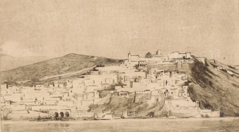 View of Tangier (original title), print, The city of Tangier, situated on a hill in northern Morocco., printmaker: Wijnand Otto Jan Nieuwenkamp (signed by artist), 1896, paper, etching, intaglio printmaking technique, etching with plate tone on copper, height 139 mm x width 199 mm, city-view in general, 'veduta', low hill country, North Africa, Tangier, A wide sepia-toned sketch of a hillside town by a body of water, with closely clustered rectangular buildings and flat roofs rising up the slope toward a fortified area at the crest, delineated by heavier lines and shaded masses. The foreground shows calm water with faint horizontal strokes and a low waterfront wall with three large rounded arches and small boats moored nearby. Terraced structures, narrow openings, and simple architectural forms fill the midsection, interspersed with areas of darker cross-hatching that suggest shadowed alleys and slopes. The hill to the left features swirling linear shading that follows its contours, wh...
