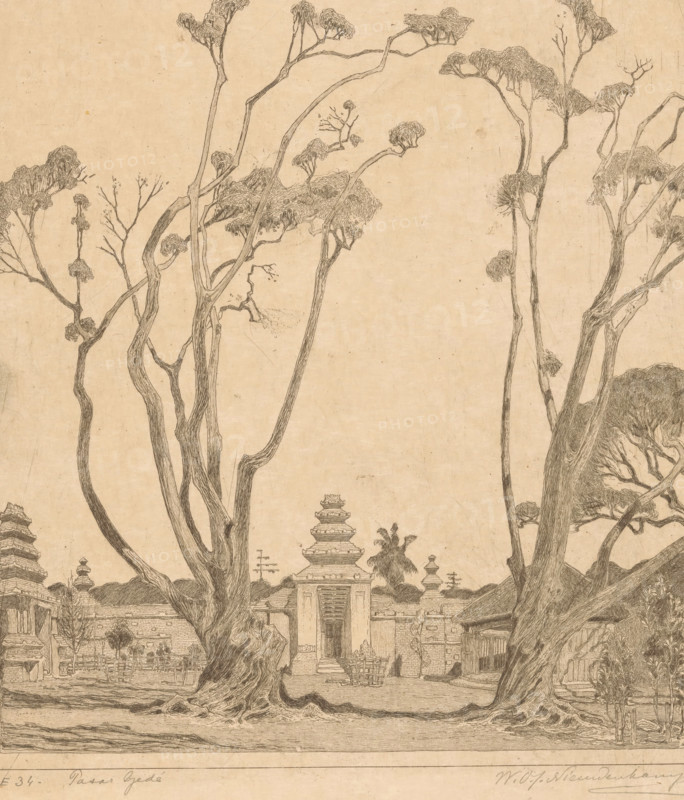 Pasar Gedé (original title), Courtyard with two waringin trees near Yogyakarta on Java, print, In the background two gates., printmaker: Wijnand Otto Jan Nieuwenkamp (signed by artist), 1898-12, paper, zinc etching, intaglio printmaking technique, etching with plate tone on zinc, height 318 mm x width 277 mm, courtyard, trees, gate, entrance, Java, Central Java, Yogyakarta, A detailed pencil drawing on aged paper showing tall, gnarled trees with twisted trunks and sparse, rounded foliage framing a central scene; between the trees a stepped gateway with ornate tiered roof elements stands above a doorway, flanked by low walls and smaller architectural details, with additional tiered structures visible to the left and right; the foreground features exposed tree roots and textured ground, while the midground includes small plants, fences, and low buildings; the sky area is empty and the whole image has fine linework and a sepia tone.