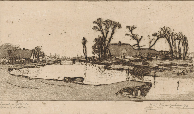 Farms along the Rijpwetering in South Holland, South Holland canal (original title), print, In the foreground a jetty., printmaker: Wijnand Otto Jan Nieuwenkamp (signed by artist), 1901, paper, zinc etching, intaglio printmaking technique, etching with plate tone on zinc, proof print, height 137 mm x width 226 mm, farm (building), canals, waters (in village), Rijpwetering, A monochrome etching of a riverside scene showing a curving shoreline and a calm body of water with small ripples, a solitary rowboat drawn up near the bank, and a simple wooden jetty projecting into the water. Along the far bank are thatched-roof cottages and long low buildings set among tall, leafless trees with tangled branches. Low grassy embankments and fenced sections border the water, and a narrow bridge or footbridge spans a channel in the middle distance. The sky is empty and plain, and the overall image is rendered with fine, dark linework on a light, slightly speckled background.