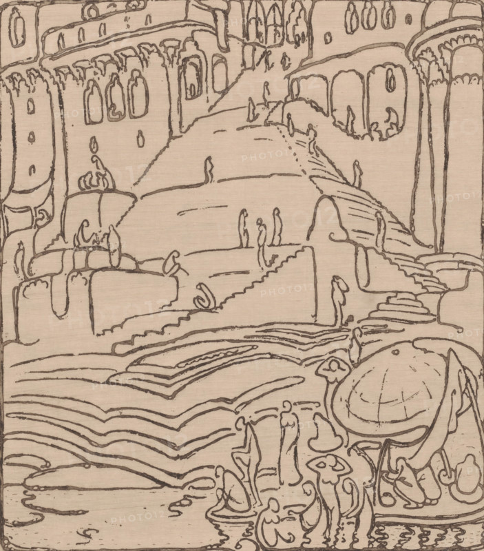 Buildings with stairs to a riverbank with bathing figures, Terraces on the Ganges (original title), print, printmaker: Wijnand Otto Jan Nieuwenkamp (signed by artist), 1915-06-19, paper, Japanese paper (handmade paper), zinc etching, drypoint, intaglio printmaking technique, zinc etching and drypoint, with plate tone, on Japanese paper, height 369 mm x width 317 mm, river, terrace, Ganges (river), An intricate line drawing on a tan background showing layered rounded structures, stepped platforms, and arching forms, with numerous small upright humanlike silhouettes scattered across terraces and pathways, curved windowlike openings and decorative scalloped edges on building facades, flowing undulating lines in the foreground suggesting ripples or contours, and a large dome shape with segmented lines near the right side.