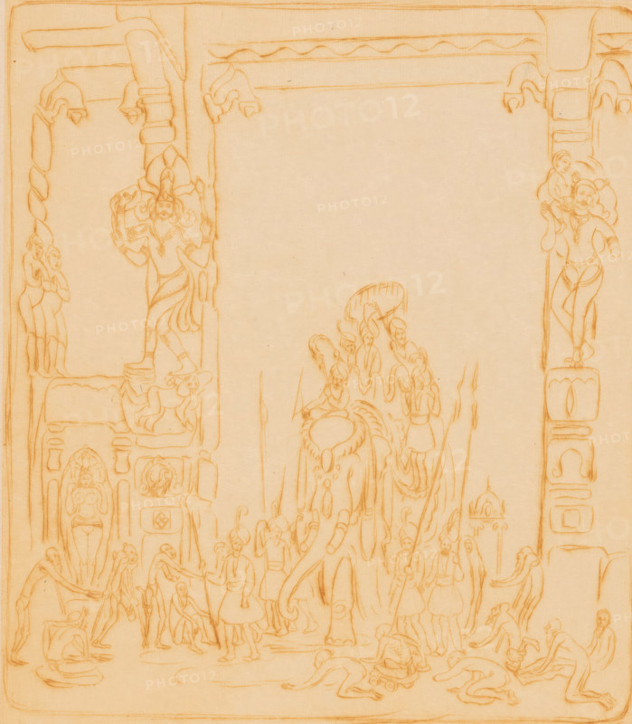 Figures on an elephant under a gate in Madurai, Rich and poor (original title), print, The elephant is accompanied by figures with spears. The gate is decorated with sculptures. In the foreground, kneeling figures holding up their hands in a begging gesture., printmaker: Wijnand Otto Jan Nieuwenkamp, 1917, paper, drypoint, intaglio printmaking technique, drypoint and plate tone in brown, height 303 mm x width 222 mm, contrast between rich and poor, beggar, city-gate, trunked animals: elephant, riding on animal other than horse, ass, or mule, South India, Tamil Nadu, Madurai, A sepia-toned line drawing fills the image with a central large elephant facing left surrounded by numerous human figures, some standing, some kneeling, and some carrying items, all rendered in fine, continuous outlines; ornate vertical pillars flank the scene on both sides, each decorated with carved human and animal figures and small architectural niches; above the elephant a group of smaller figures cluster unde...