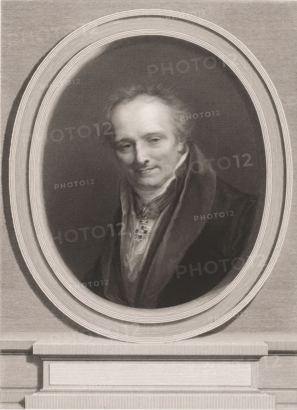 Portrait of Dominique Vivant Denon, print, printmaker: Adolphe Joseph Huot, after painting by Pierre Prud'hon, 1870, Adolphe Joseph Huot, Pierre Prud'hon, paper, chine collé, engraving, height 399 mm x width 299 mm, Person, Dominique Vivant Denon (baron), historical persons, portrait, self-portrait of graphic artist, An oval-framed engraved portrait of a middle-aged man shown from the chest up, wearing a dark coat with a high collar and a light-colored cravat, his face turned slightly and showing a faint smile, fine hair combed back from his forehead, and a decorative pendant at his throat; the portrait is set against a densely hatched background and surrounded by concentric oval borders and a base with horizontal and vertical lined shading.