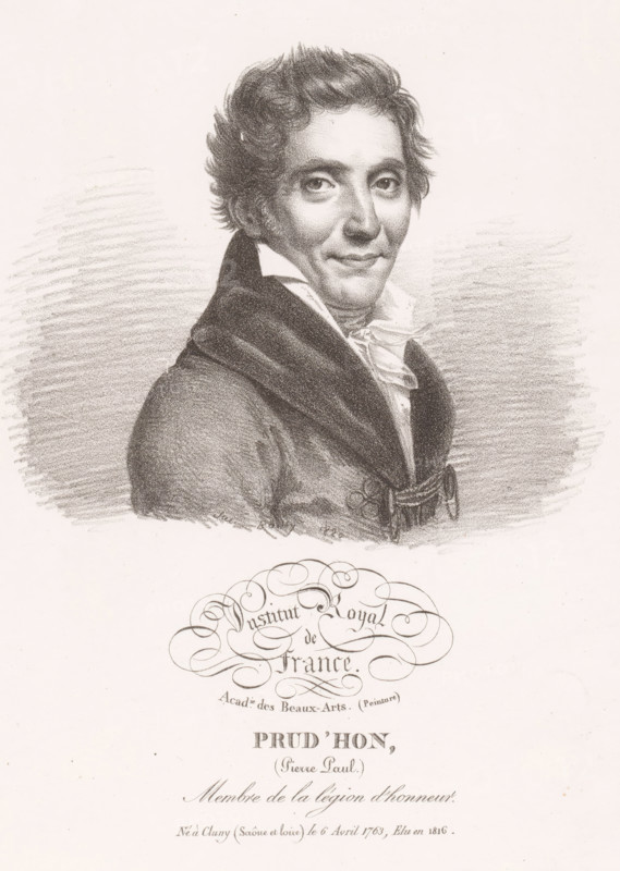Portrait of Pierre Prud'hon, Institut Royal de France, Prud'hon, Pierre Paul, print, printmaker: Julien-Léopold Boilly, 1820, paper, lithography, height 298 mm x width 222 mm, Person, Pierre Prud'hon, historical persons, portrait, self-portrait of artist, A sepia-toned portrait drawing of a man shown from the chest up wearing a dark coat with a high collar and a light-colored cravat, his hair styled in loose waves, his face turned slightly toward the viewer with a faint closed-mouth expression, shaded pencil strokes forming the background and clothing, decorative flourishes partially visible below the portrait.