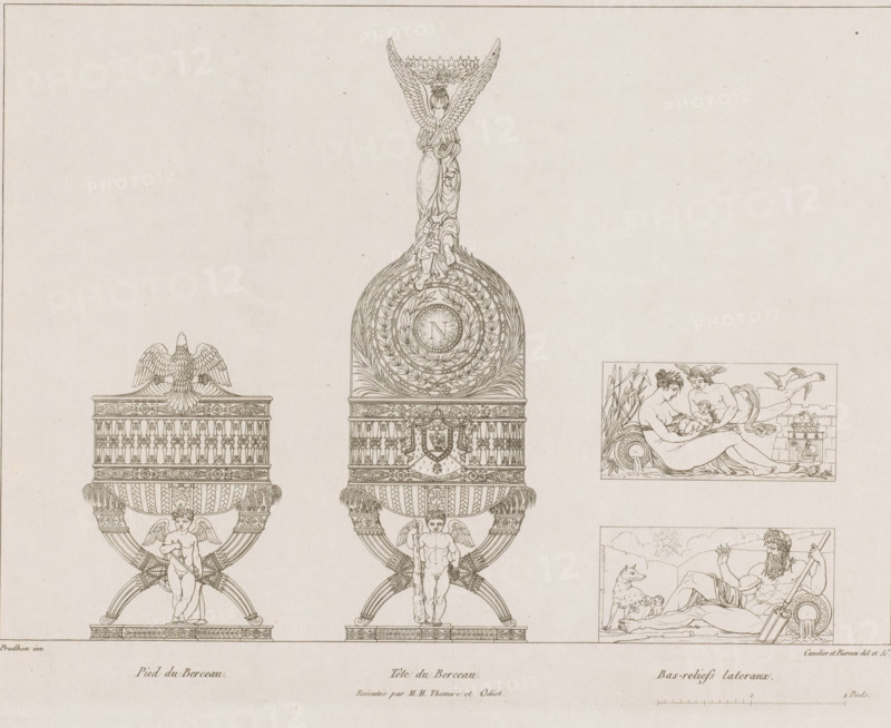 Different views of cradle, Furniture donated to Marie Louise of Austria, Description of the toilette present with a majestée l'impératrice-reine, print, Series number, 5, printmaker: Adrien Louis Marie Cavelier, printmaker: Jean Antoine Pierron, after design by Jean Baptiste Claude Odiot, after design by Pierre Philippe Thomire, after design by Pierre Prud'hon, printer (person): Christophe Jean François Ballard, Paris, publisher: Jean Antoine Pierron, publisher: Adrien Louis Marie Cavelier, 1811, Jean Baptiste Claude Odiot, Pierre Philippe Thomire, Pierre Prud'hon, Christophe Jean François Ballard, printmaker, after design by, printer (person), publisher, paper, etching, height 239 mm x width 321 mm, Part of a cover with prints featuring furniture designed by Pierre Prud'hon. This furniture was presented to Marie Louise of Austria on the occasion of the birth of her son Francis Charles Joseph Napoleon II Bonaparte., furniture for babies, A detailed line drawing shows three tall ornamen...