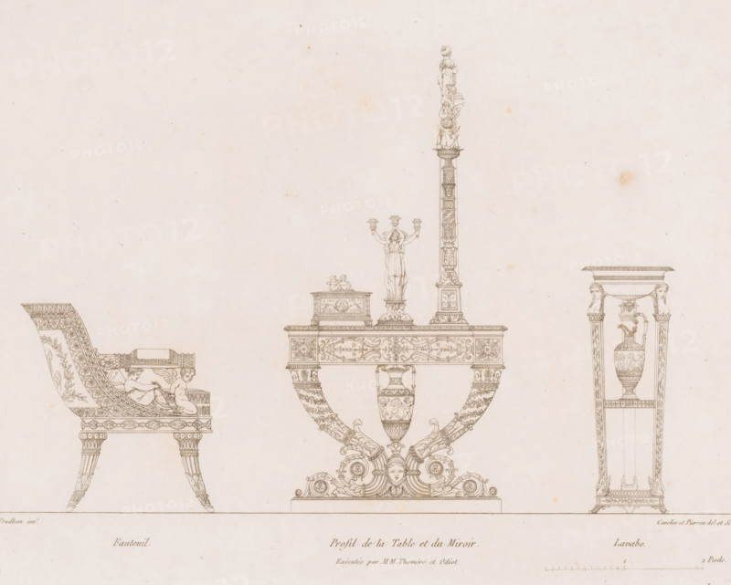 Dressing table with chair and washbasin, Description of the toilette present with a majestée l'impératrice-reine, Furniture donated to Marie Louise of Austria, print, Series number, 3, 5, printmaker: Adrien Louis Marie Cavelier, printmaker: Jean Antoine Pierron, after design by Jean Baptiste Claude Odiot, after design by Pierre Philippe Thomire, after design by Pierre Prud'hon, printer (person): Christophe Jean François Ballard, Paris, publisher: Jean Antoine Pierron, publisher: Adrien Louis Marie Cavelier, 1811, Jean Baptiste Claude Odiot, Pierre Philippe Thomire, Pierre Prud'hon, Christophe Jean François Ballard, printmaker, after design by, printer (person), publisher, paper, etching, height 239 mm x width 316 mm, Part of a cover with prints featuring furniture designed by Pierre Prud'hon. This furniture was presented to Marie Louise of Austria on the occasion of the birth of her son Francis Charles Joseph Napoleon II Bonaparte., table, mirror, jug and basin, wash-basin, The image s...