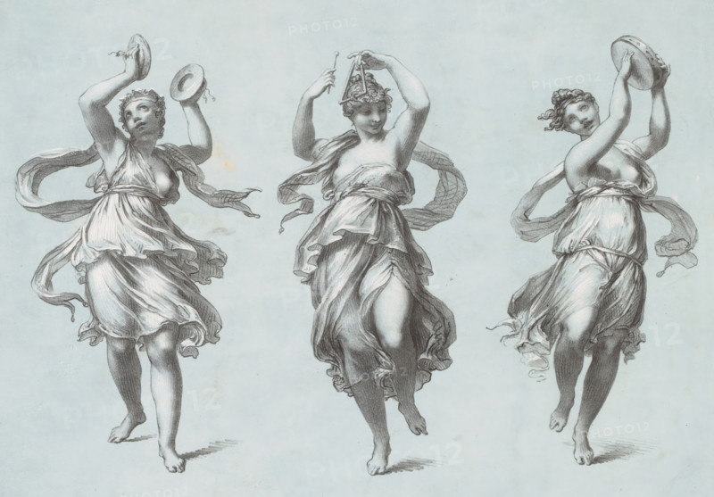 Three dancers, print, annotation: 'Les Danseuses Bon à tirer ... cinqucente suitement, J. Sieurin', printmaker: Julien-Léopold Boilly, after design by Pierre Prud'hon, printer (person): Joseph Rose Lemercier, publisher: Sieurin (signed by artist), Paris, 1847, Julien-Léopold Boilly, Pierre Prud'hon, Joseph Rose Lemercier, Sieurin, printer (person), publisher, paper, tone lithography, tone lithography in blue, black and white, height 260 mm x width 311 mm, tambourine, dancing, more than one musician with instrument, Three female figures in flowing drapery are depicted against a pale background, each shown from head to feet in dancing or prancing poses; the left figure holds two small round objects overhead with arms raised, her fabric ribbons and skirt swirling and one breast partially exposed; the central figure raises one hand above her head holding a small implement while the other hand adjusts a decorative headpiece, her drapery wrapped around her torso and billowing around her legs...