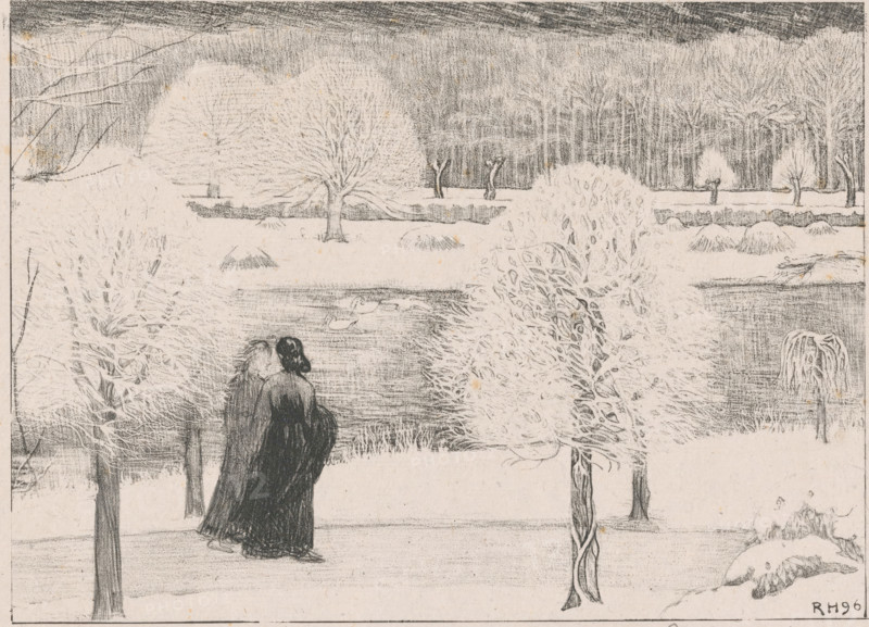 Two women walking in a snowy landscape, print, The women are walking along a path that leads past water in which waterfowl are swimming. The landscape also features trees with bare branches., printmaker: Richard Nicolaüs Roland Holst (signed by artist), 1896, paper, chine collé, lithography, lithography on chine collé, height 473 mm x width 345 mm, snow, walking, trees (bare plant), A monochrome drawing of a winter landscape showing a frozen body of water with two ducks on its surface and a pair of cloaked figures standing at the water's edge facing away from the viewer. Bare trees with intricate branching and textured foliage frame the scene, some close to the foreground and others receding into a densely wooded background. Snow-covered mounds and low banks dot the open ground, and a leaning branch stretches across the upper left corner. The sky is shaded with horizontal strokes, and fine, repetitive lines define the distant trees and the surface of the ice, creating a quiet, detailed...