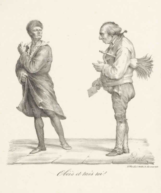 Man in loose-fitting coat looks haughtily at man with feather duster and letter, Obéis et tais toi!, print, printmaker: Edme Jean Pigal, printer (person): Charles Etienne Pierre Motte, Paris, 1822, printer (person), paper, lithography, height 275 mm x width 214 mm, adult man ( + one person), A pencil drawing of two standing figures facing each other on a tiled floor, one wearing a loose cloak and a headwrap with hands clasped near the chest and a turned expression, the other wearing a vest and rolled sleeves with a bundle of long stalks strapped to the back, holding a rectangular object in one hand and gesturing with the other, both shown in full length with detailed shading and textured clothing.