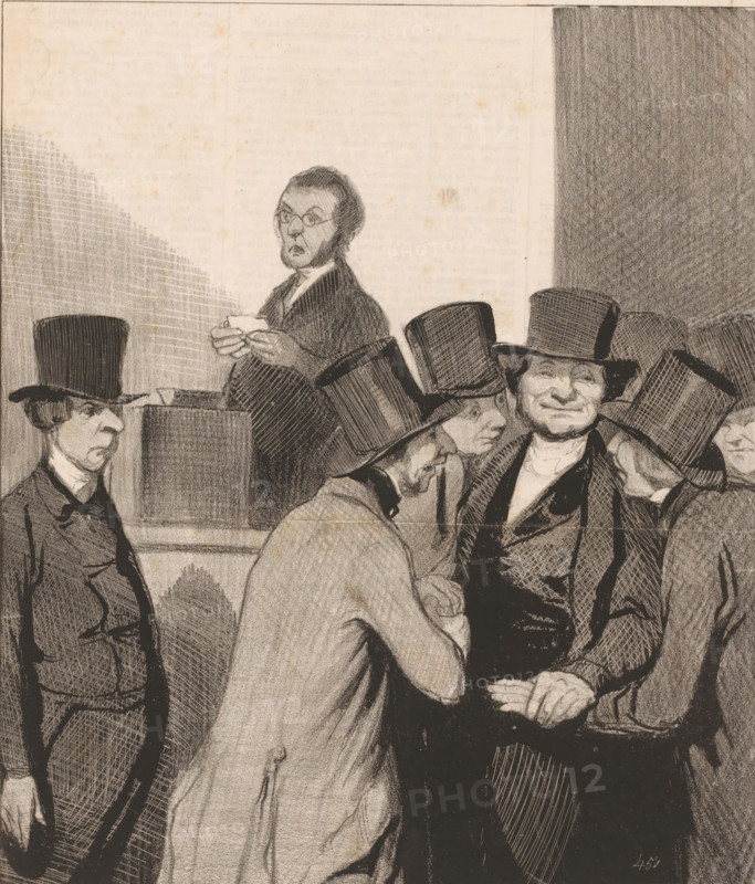 Caricature of two candidates after the election results, L'Élection, Scenes with members of parliament, Parliamentary scenes, cartoon, Series number, 2, printmaker: Honoré Daumier, Paris, printer (person): Aubert & Cie., publisher: Pannier & Cie., 1843, Honoré Daumier, Aubert & Cie., Pannier & Cie., printmaker, printer (person), publisher, paper, lithography, height 285 mm x width 214 mm, Print published in: Le Charivari, Aubert: Paris, 08-04-1843. Le Charivari was a humorous newspaper with caricatures and (political) cartoons., voting, election, political caricatures and satires, caricatures (human types), A charcoal drawing of several men wearing dark top hats and formal coats gathered together, with one man in profile leaning forward and clasping his hands, another standing with a slight smile and folded hands, and a stern-faced man standing apart on the left; behind them a shorter figure with round glasses stands at a raised desk holding a sheet of paper, and the background shows s...