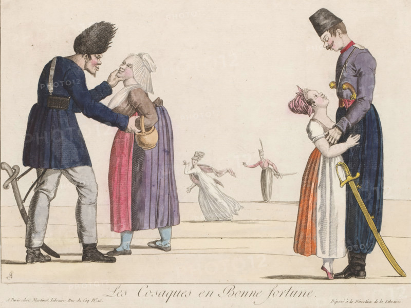 Les Cosaques en Bonne Fortune, Cossacks on the path of love, cartoon, print, Cossacks meeting French women., printmaker: Adrien Godefroy, France, publisher: Aaron Martinet, Paris, c. 1814 - c. 1815, paint (coating), paper, watercolor (paint), etching, engraving, hand coloring, etching and engraving, hand-colored, height 215 mm x width 292 mm, soldiers and civilians, Cossacks, A colored engraving shows two pairs of figures facing each other on a pale background with horizontal lines suggesting a floor; on the left a tall man with a dark shaggy hat and a long dark coat leans forward, one hand under the chin of a shorter woman wearing a white head covering, a brown bodice, and a skirt with vertical purple and red panels while she holds a small basket at her side; on the right a tall man in a dark uniform with a high hat and a sash looks down at a shorter woman who gazes up at him, she wears a pink headscarf, a white bodice, and a skirt with red and white panels and stands on tiptoe with h...