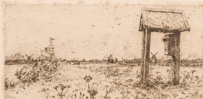 Meadows at the Kaag, with mailbox, Mailbox, Kaag (original title), print, printmaker: Willem Bastiaan Tholen (signed by artist), 1870 - 1914, paper, etching, intaglio printmaking technique, height 130 mm x width 275 mm, meadow, pasture, postal service, A sepia-toned landscape drawing shows a grassy foreground with various small wildflowers and clumps of vegetation, leading to an open field that stretches toward a distant horizon. Near the right edge stands a tall wooden structure with a pitched roof and two vertical supports, casting a shadow on the ground; an object hangs from one of its sides. In the middle distance, low shrubs and reeds line the edge of a waterway, and a sailboat is partially visible with a raised sail. Far across the field on the horizon are several windmills and small buildings, and a scattering of birds is drawn in the sky above. The scene is rendered with fine, sketch-like lines and soft shading, with mottling and faint spots across the surface.