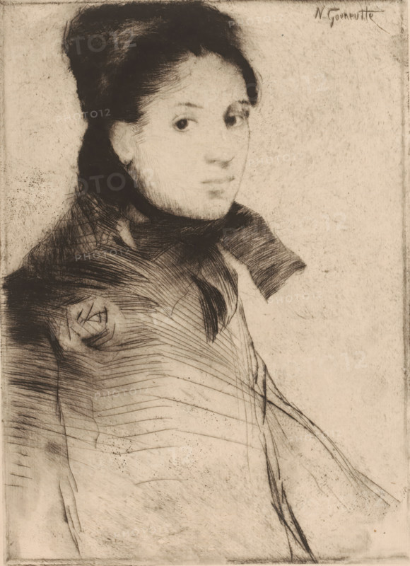 Portrait of an unknown young woman, print, printmaker: Norbert Goeneutte, before 1888, paper, drypoint, intaglio printmaking technique, height 278 mm x width 200 mm, historical persons, A monochrome sketch of a person shown from the shoulders up, turned slightly to one side, with dark hair pulled back and a high collar or scarf around the neck; the face is softly rendered with visible eyes, nose, and mouth, and the ear is partly visible; the clothing and background are formed from fine, hatched lines and soft smudges, creating textured shading across the torso and shoulder area; the overall image has a worn, paper-like surface with uneven marks and scratches.