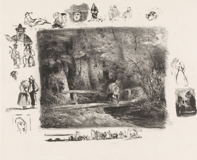 Old traveler on a bridge over a forest stream, Le Ruisseau, Paysages, Landscapes, print, printmaker: Paul Huet, publisher: Charles Etienne Pierre Motte, Paris, 1829 - 1830, paper, chine collé, lithography, height 271 mm x width 361 mm, forest, wood, brook, bridge, A large rectangular dark charcoal scene of a wooded path with dense trees and foliage occupies the center, showing a small footbridge over water and a solitary figure wearing a cloak and hat standing on the bridge; around the edges of the page are numerous small ink sketches including profiles and faces, quick studies of people in varied postures and clothing, groups of standing figures, a few seated or reclining figures, a sketch of a hat, and a narrow horizontal row of tiny figures and banners near the bottom.