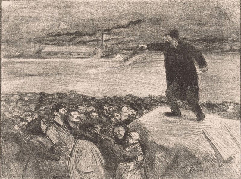 Factory workers' strike, Scène de grève, print, printmaker: Jean-Louis Forain, c. 1897, Jean-Louis Forain, printmaker, paper, lithography, height 228 mm x width 294 mm, factory-building, factory in landscape, strike (political demonstration), working class, laborers, A charcoal drawing shows a crowd of people gathered closely together in the lower portion of the image, their faces turned upward with varied expressions and layered clothing; a figure in dark outerwear stands elevated on a rock or platform to the right, leaning forward and pointing outward with an extended arm; behind them a broad expanse suggests water or open ground leading to distant low buildings and a tall smokestack emitting a dark plume that stretches across a cloudy sky; the scene is rendered in tonal shading with dense lines and textured strokes.