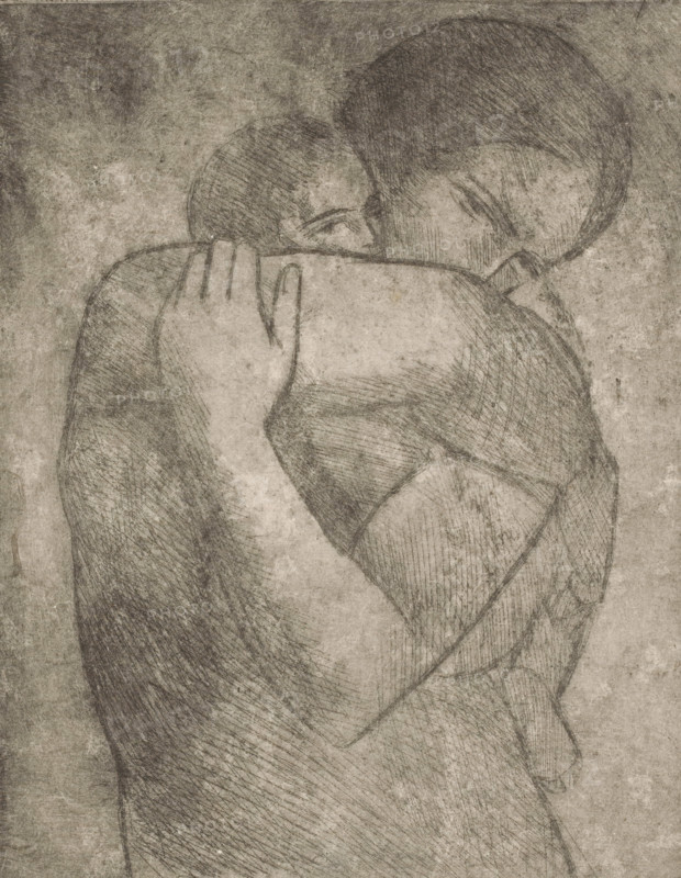 Mother with child in embrace, print, printmaker: George Minne, 1876 - 1941, paper, Japanese paper (handmade paper), etching, drypoint, intaglio printmaking technique, height 252 mm x width 199 mm, mother and baby or young child, A monochrome, textured drawing of two figures embracing, shown from the torso upward with one figure's face pressed into the other's shoulder and the other figure's face turned slightly away; both heads are rounded and shaded with fine crosshatching, and one hand rests on the shoulder of the other with elongated fingers visible; the bodies and arms are depicted with overlapping curved lines and dense hatch marks that create tonal variation against a grainy background.