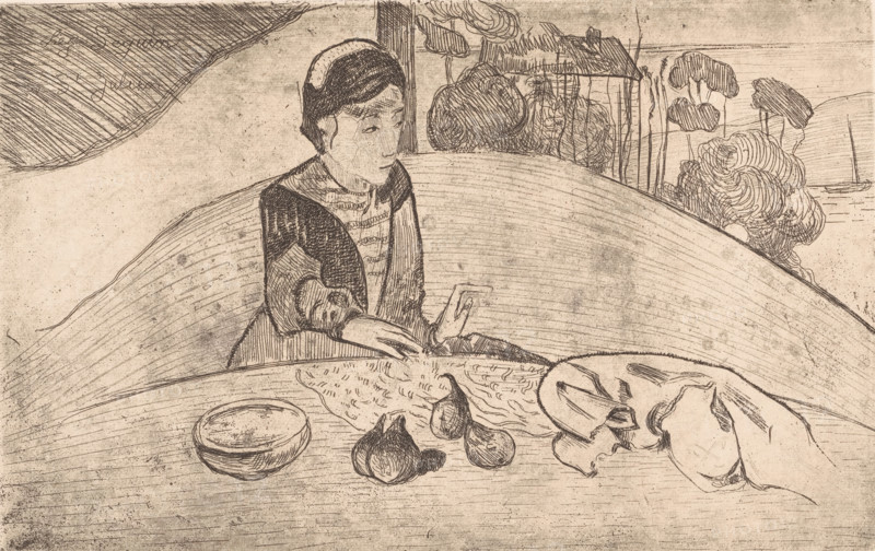 The woman with figures, Breton peasant woman at the table, print, printmaker: Armand Seguin (possibly), printmaker: Paul Gauguin (possibly), 1894 - 1895, paper, etching, intaglio printmaking technique, height 265 mm x width 418 mm, It is possible that Seguin and Gauguin collaborated on this print. According to the Metropolitan Museum of Art, Gauguin is the printmaker and Seguin printed the print. According to the British Museum (no. 1949, 0411.2681), Gauguin only provided the design to Seguin. In 1899, Seguin reworked the plate again., farmers - AA - female farmer, farmer's wife, fruits: fig, A monochrome etching shows a seated person with short hair and a cap, wearing a dark garment over a striped blouse, reaching a hand toward a table surface covered with a large cloth; on the table are several small rounded objects, a shallow bowl, a circular plate with folded cloth or bread, and scattered items with curved outlines; behind the person there is a curved backdrop or banquette and a wi...