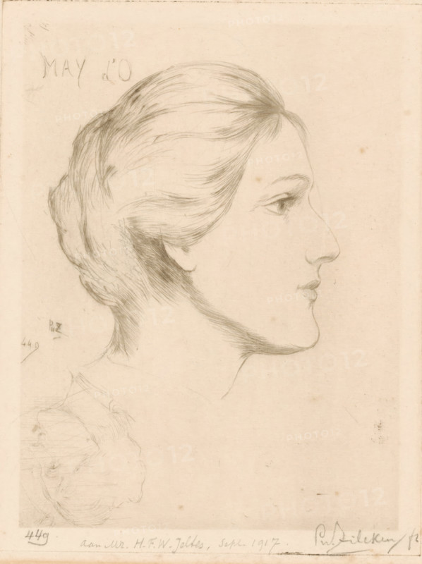 May d'O (original title on object), print, Portrait of May Okolicsányi., print maker: Philip Zilcken (signed by artist), dedicated to: Hendrik Frederik Willem Jeltes (signed by artist), 1917-09, Philip Zilcken, Hendrik Frederik Willem Jeltes, printmaker, paper, drypoint, intaglio printmaking technique, height 179 mm x width 138 mm, historical persons, A pencil drawing on aged paper showing a woman's head in profile facing right, with hair swept back and pinned at the nape, a defined eyebrow and eye, a straight nose and closed lips, a slender neck and part of a shoulder; faint secondary sketches of another head appear near the lower left, and light smudges and small stains are visible on the paper.