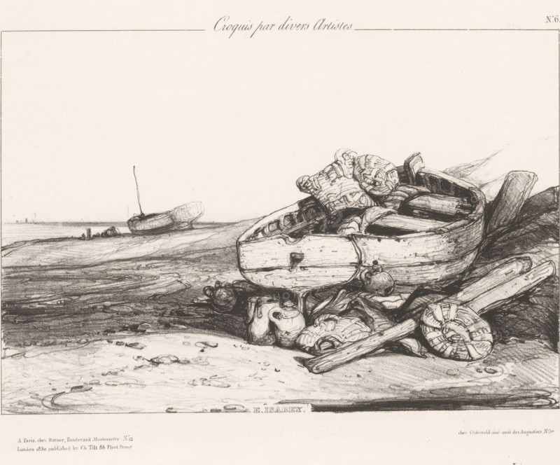 Fishing sloop on the beach, Longue barque sur la grève, Sketches by various artists, Croquis par divers Artistes, print, Series number, 6, 70, printmaker: Eugène Isabey, publisher: Henri Rittner, Paris, publisher: Jean Fréderic Ostervald, publisher: Charles Tilt, London, 1830, paper, lithography, height 225 mm x width 299 mm, beach, rowing-boat, canoe, sea and coastal fishery, A monochrome sketch of a shoreline scene showing a cluster of weathered boats and maritime gear piled on the sand at the right, including a partially overturned boat, rounded bundles, coiled ropes, wooden planks, and a jug-like container, with detailed textures and shading; in the midground a small boat rests on the beach with a thin mast upright, and a distant waterline and vague horizon are visible; the foreground shows rippled sand, scattered pebbles, and subtle wet markings.