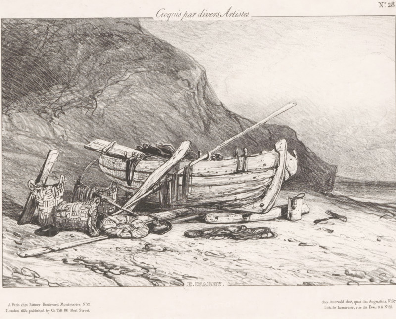 Fishing sloop on the beach at the foot of a cliff, Barque au pied de la falaise, Sketches by various artists, Croquis par divers Artistes, print, Series number, 28, 70, printmaker: Eugène Isabey, printer (person): Joseph Rose Lemercier, Paris, publisher: Henri Rittner, publisher: Jean Fréderic Ostervald, publisher: Charles Tilt, London, 1830, printer (person), paper, lithography, height 234 mm x width 289 mm, rowing-boat, canoe, sea and coastal fishery, coastal cliff or crag, A detailed monochrome drawing shows a wooden rowboat resting on a sandy shore with oars placed across and leaning against it, surrounded by woven baskets, coils of rope, planks, and assorted fishing gear; a rocky cliff rises behind the boat, shading the left side of the scene while the right opens into a lightly textured sky and distant water; the foreground sand bears footprints and scattered small objects, and a small bucket or pail sits near the boat.