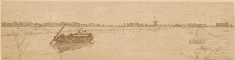 Pasture landscape with a wide canal with a rowing boat, print, printmaker: Maurits van der Valk, 1867 - 1935, paper, etching, intaglio printmaking technique, etching with plate tone, print in brown, height 112 mm x width 408 mm, meadow, pasture, rowing-boat, canoe, canal, A wide horizontal pencil drawing of a flat riverscape showing a wooden boat floating near the center left with reflected shading beneath it, an oar or pole resting across the boat, and a second smaller boat nearby; the far shoreline stretches across the scene with rows of trees, clusters of buildings, and a windmill rising above the treeline toward the right; the foreground shows low vegetation and grasses along the water’s edge with a few sprigs of plants extending into the foreground at the left and right; the sky is lightly sketched with soft cloud forms.