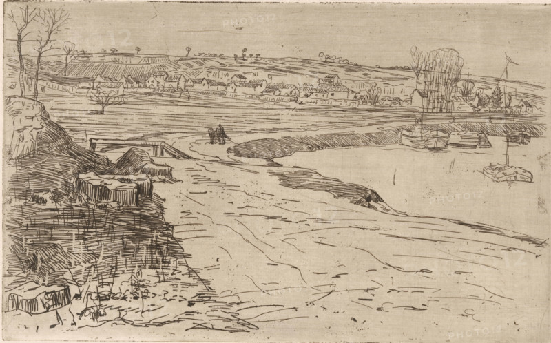 Landscape with houses and water with moored sailboats, print, printmaker: Maurits van der Valk (signed by artist), 1867 - 1935, paper, etching, intaglio printmaking technique, height 315 mm x width 194 mm, sailing-ship, sailing-boat, low hill country, A horizontal sketch of a riverside scene rendered in fine dark lines on a pale background showing a shoreline with rocky ledges and bare trees on the left, a wide expanse of water or sand leading toward distant low hills and a cluster of small buildings across the middle ground, a pair of small figures near the center standing on a narrow spit of land, boats moored along a right-side quay and a lone small boat with a mast floating near the right edge, scattered vegetation and reeds, and layered linear marks indicating texture on the land, water, and distant fields.