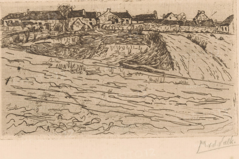 Landscape with village edge (Méry-sur-Oise), print, printmaker: Maurits van der Valk (signed by artist), 1867 - 1935, paper, etching, drypoint, intaglio printmaking technique, height 108 mm x width 188 mm, meadow, pasture, village, Méry-sur-Oise, A monochrome etching showing a row of low buildings with pitched roofs along the top edge, some trees and shrubs behind and between them, and a textured foreground of undulating land with ridges, patches of grass, and short, dense vegetation, all rendered with fine, sketch-like lines on a light paper background.