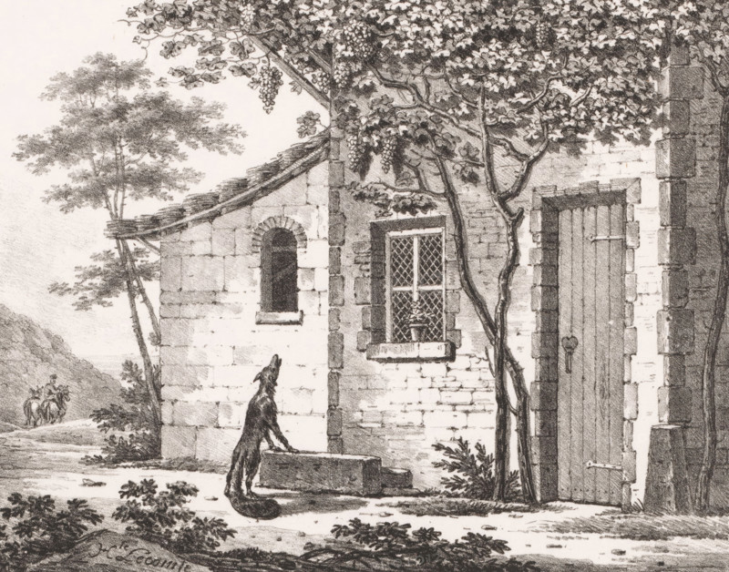 Le Renard et les Raisins, Fox reaching for bunches of grapes, Fables by Jean de La Fontaine, Fables choisies de La Fontaine, print, printmaker: Hippolyte Lecomte, printer (person): Gottfried Engelmann, Paris, 1818 - 1820, printer (person), paper, lithography, height 263 mm x width 306 mm, bunch of grapes, beasts of prey, predatory animals: fox, fables of Lafontaine (with TITLE) : Use 85, A stone building with a textured brick facade fills the scene, showing a window with a lattice and a small potted plant on its sill, an arched narrow opening, and a tall wooden door with visible hinges and a keyhole. A vine climbs the wall beside the window and door, its trunk twisting upward and foliage spreading across the upper area with clusters of hanging fruit. In front of the building a long-tailed animal stands with its front paws on a low stone trough, looking upward. Trees and shrubbery frame the left side of the scene, and a distant figure on horseback is visible along a dirt path against a ...