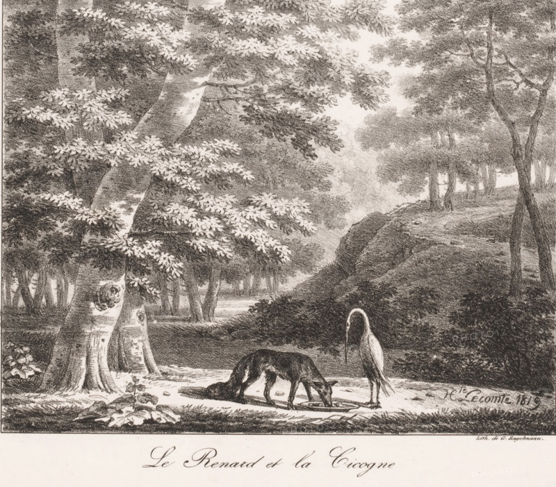 Fox and stork, Le Renard et la Cicogne, Fables choisies de La Fontaine, Fabels van Jean de La Fontaine, print, printmaker: Hippolyte Lecomte, printer (person): Gottfried Engelmann, Paris, 1819, printer (person), paper, lithography, height 265 mm x width 314 mm, beasts of prey, predatory animals: fox, shore-birds and wading-birds: stork, fables of Lafontaine (with TITLE) : Use 85, A detailed monochrome drawing of a wooded scene showing tall trees with textured bark and leafy branches, a gently sloping forest floor, and a clearing in the foreground where a bird with long legs and a long beak stands near a canine animal that is lowering its head to the ground; dappled light and shadow define foliage and trunks, and distant trees fade into the background.