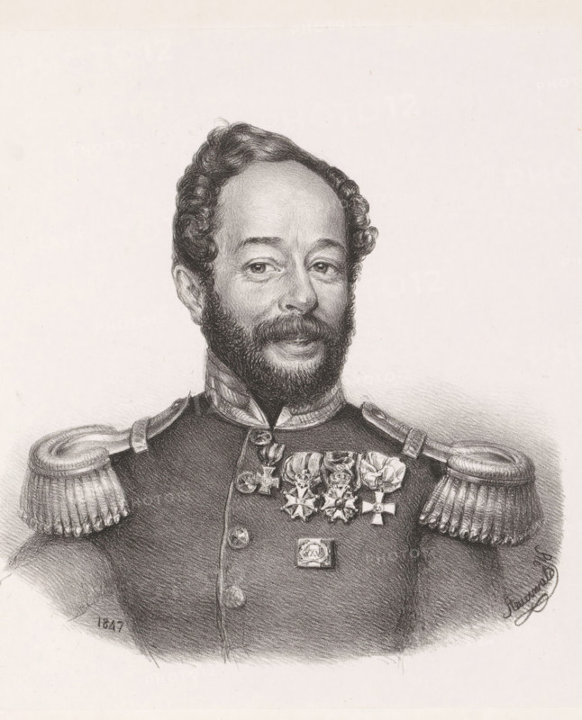 Portrait of Jacob Cornelis van Rijneveld, print, inscription: '4a, 10-9-'75', printmaker: Christian Heinrich Gottlieb Steuerwald, Dordrecht, 1847, Christian Heinrich Gottlieb Steuerwald, printmaker, paper, chine collé, lithography, lithography on chine collé, height 340 mm x width 259 mm, Person, Jacob Cornelis Rijneveld, historical persons, A detailed black and white drawing of a man shown from the chest up wearing a military uniform with ornate shoulder epaulettes and rows of medals on his chest, his face framed by short curly hair and a trimmed beard and mustache, his expression calm with eyes looking slightly to one side, the uniform buttons and collar rendered with shading and texture against a light background.