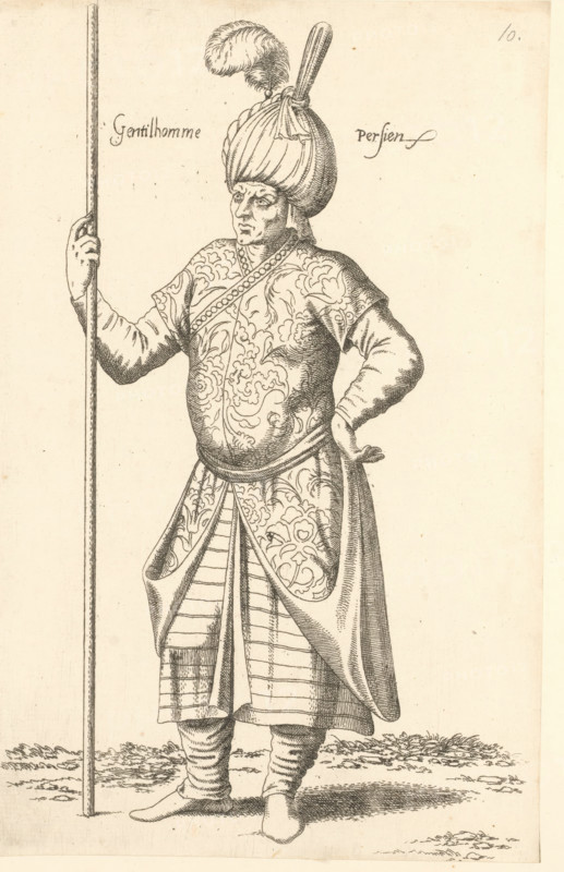Gentilhomme Persien, Persian man, print, album page, book illustration, Print is part of an album., printmaker: Léon Davent, after drawing by Luca Penni (attributed to), after drawing by Nicolas de Nicolay (possibly), publisher: Guillaume Rouille (I), Lyon, 1555 - 1568, Attributed to, paper, etching, pasted on album page, height 268 mm x width 171 mm, A standing figure in patterned clothing and layered garments holds a long staff with one hand while the other rests on the hip, wearing a large wrapped headpiece topped with a plume and a decorative stick, with detailed floral and swirling designs on the upper garment and apron-like front panels, striped lower panels, wrapped leg coverings, simple pointed shoes, and a neutral facial expression; the background is plain with small patches of ground and vegetation at the figure's feet.