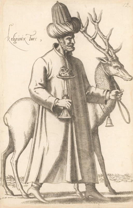 Turkish cleric with deer and goblet, Religieux Turc, print, album page, book illustration, Print is part of an album., printmaker: Léon Davent, after drawing by Luca Penni (attributed to), after drawing by Nicolas de Nicolay (possibly), publisher: Guillaume Rouille (I), Lyon, 1555 - 1568, Attributed to, paper, etching, pasted on album page, height 266 mm x width 173 mm, A monochrome engraved scene shows a robed male figure standing beside a deer with large branching antlers; the man wears a tall, wrapped turban and a long cloak that falls to his feet, and he has a bearded face in profile. He holds a tall ornate candlestick with a decorative top in one hand and the deer’s reins in the other, while a bell hangs from the deer's neck. The deer’s head is turned slightly toward the viewer, its textured fur and detailed antlers prominent, and the lower portion of both figures shows draped fabric, boots, and the animals’ slender legs on a simple ground. The background is plain and unadorned.