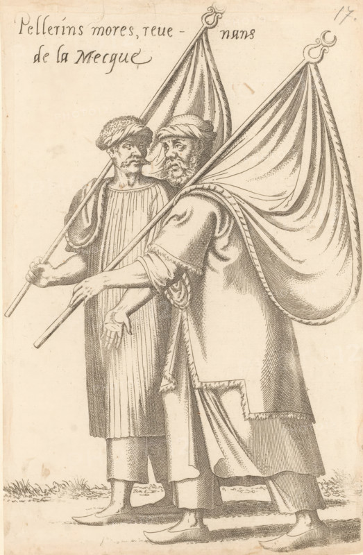 Pellerins mores revenans de la Mecque, North African, Islamic pilgrims with banners, returning from Mecca, print, album page, book illustration, Print is part of an album., printmaker: Léon Davent, after drawing by Luca Penni (attributed to), after drawing by Nicolas de Nicolay (possibly), publisher: Guillaume Rouille (I), Lyon, 1555 - 1568, Léon Davet, Attributed to, paper, etching, pasted on album page, height 265 mm x width 175 mm, Two men stand side by side, each holding a long pole with a large draped banner attached; the man in front has a beard and wears a robe with a decorative trim and a head covering, while the man behind him has a mustache and a textured cap and a vertically pleated garment; both wear pointed shoes and their hands grasp the poles, with one hand of the front figure extended slightly forward; the banners show flowing folds and edging, and the scene is rendered in fine pen-and-ink lines on a pale background with sparse ground details at the bottom.