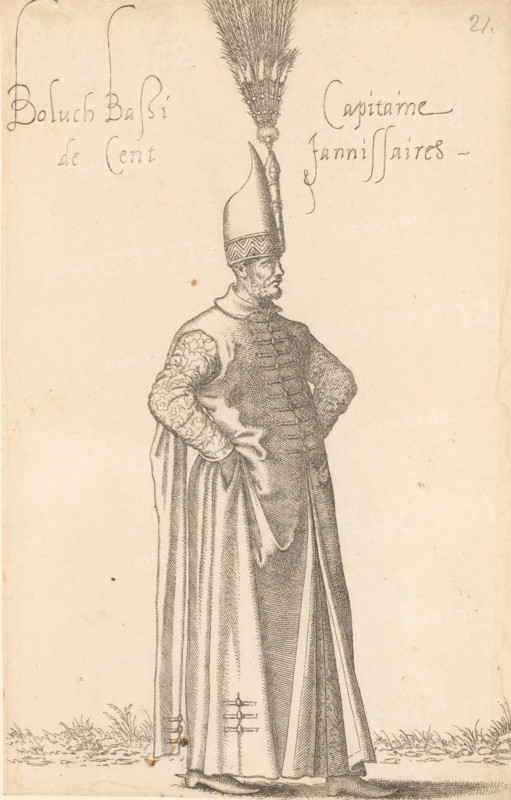 Boluch Bassi, capitaine de cent jannisaires, Captain of the janissaries, print, album page, book illustration, Print is part of an album., printmaker: Léon Davent, after drawing by Luca Penni (attributed to), after drawing by Nicolas de Nicolay (possibly), publisher: Guillaume Rouille (I), Lyon, 1555 - 1568, Attributed to, paper, etching, pasted on album page, height 267 mm x width 169 mm, A tall figure in a long, flowing robe stands in profile with hands resting on hips, wearing a high pointed hat topped with a tall plume of feathers; the robe has patterned sleeves and vertical buttoned detailing down the front, and the lower hem shows decorative fastenings and draped folds; the figure has a beard and a distinct facial profile; the background is plain with a narrow strip of grass at the bottom.
