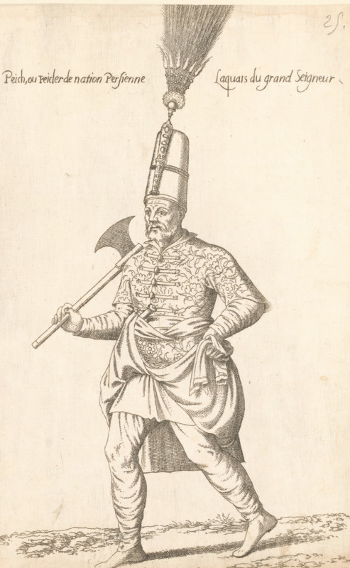 Peich ou Peicler, laquais du grand seigneur, 'Peich' or 'peicler' (lakkei) with axe, print, album page, book illustration, Print is part of an album., printmaker: Léon Davent, after drawing by Luca Penni (attributed to), after drawing by Nicolas de Nicolay (possibly), publisher: Guillaume Rouille (I), Lyon, 1555 - 1568, Léon Davet, Attributed to, paper, etching, mounted on album page, height 261 mm x width 174 mm, A monochrome engraved figure stands full length facing slightly left, wearing a tall cylindrical hat topped with a plume attached by a decorative clasp, a patterned long-sleeved tunic with floral and scrolling decorations, a wide sash around the waist with draped fabric, loose fitted trousers tucked at the calves, and bare feet; the figure holds a long pole weapon with a curved axe head resting on the shoulder, has a mustache and beard, and the ground beneath shows textured lines suggesting uneven terrain.