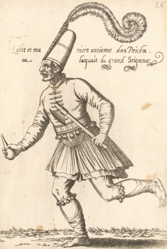 Habit et manière antienne des Peichs ou laquais du grand seigneur, Running 'peich' or 'peicler' (lakkei) with ax and flask, print, album page, book illustration, Print is part of an album., print maker: Léon Davent, after drawing by Luca Penni (attributed to), after drawing by Nicolas de Nicolay (possibly), publisher: Guillaume Rouille (I), Lyon, 1555 - 1568, printmaker, Attributed to, paper, etching, mounted on album page, height 257 mm x width 172 mm, A sepia-toned engraving shows a man in profile running to the right, wearing a tall conical hat topped by a long curling plume, a buttoned jacket with a sash across his chest, a belted skirt with ornamental tassels, and fitted leggings with decorative bands at the knees and calves; he holds a small rounded object in his extended left hand and a curved scabbard at his hip with his right hand on its hilt, his face bearing a moustache and beard, and the ground beneath him is indicated by short strokes.