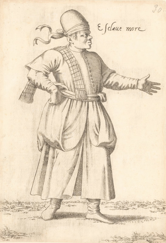 Enslaved North African man, Esclave more, print, album cover, book illustration, Print is part of an album., printmaker: Léon Davent, after drawing by Luca Penni (attributed to), after drawing by Nicolas de Nicolay (possibly), publisher: Guillaume Rouille (I), Lyon, 1555 - 1568, Attributed to, paper, etching, mounted on album page, height 259 mm x width 178 mm, A monochrome line drawing of a standing person wearing a tall rounded cap with a tied ribbon at the back, a long robe with a belted waist, and layered drapery that creates folds and pleats; one arm is bent with a hand resting on the hip while the other arm is extended outward with the palm open and fingers splayed; the figure wears a patterned sash draped across one shoulder and a buttoned front garment beneath the outer robe; the lower garment falls to the ankles, revealing wrapped footwear and a simple ground with tufts of grass.