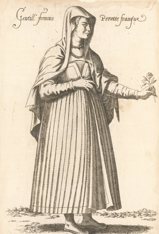 Gentill' Femme Perotte franque, Woman (from Frans Perotte?) with flower in her hand, print, album page, book illustration, Print is part of an album., printmaker: Léon Davet, after drawing by Luca Penni (attributed to), after drawing by Nicolas de Nicolay (possibly), publisher: Guillaume Rouille (I), Lyon, 1555 - 1568, Léon Davet, Luca Penni, Nicolas de Nicolay, Guillaume Rouille (I), printmaker, publisher, Attributed to, paper, etching, mounted on album page, height 250 mm x width 170 mm, A monochrome engraved image of a standing woman wearing a long pleated skirt and a layered dress with a fitted bodice and long sleeves, a hooded cloak draped over her shoulders, and a simple necklace; she holds a small flowering sprig in one outstretched hand while the other hand rests near her waist, and her head is turned slightly to the side showing a composed facial expression; the lower edge of her skirt reveals plain shoes and a small patch of ground beneath her feet.