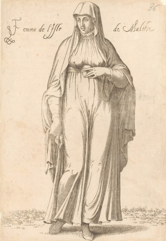 Woman from Malta, Femme de l'isle de Malthe, print, album page, book illustration, Print is part of an album., printmaker: Léon Davent, after drawing by Luca Penni (attributed to), after drawing by Nicolas de Nicolay (possibly), publisher: Guillaume Rouille (I), Lyon, 1555 - 1568, Léon Davent, Luca Penni, Nicolas de Nicolay, Guillaume Rouille (I), printmaker, publisher, Attributed to, paper, etching, pasted on album page, height 254 mm x width 177 mm, A tall figure of a woman drawn in fine lines stands facing forward wearing a long flowing robe and a hooded veil that covers her head and drapes over her shoulders, with visible folds and shading in the fabric; her face is visible beneath the hood with neutral features and a short ruffled collar at her neck; one hand rests on her abdomen while the other hand hangs down holding a small piece of cloth; the gown falls to her ankles showing simple shoes and the ground beneath with short grass and small stones; the background is plain and ligh...