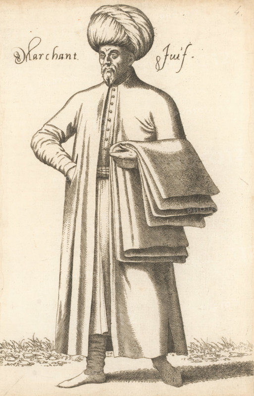 Jewish merchant, Marchant Juif, print, album page, book illustration, Print is part of an album., printmaker: Léon Davent, after drawing by Luca Penni (attributed to), after drawing by Nicolas de Nicolay (possibly), publisher: Guillaume Rouille (I), Lyon, 1555 - 1568, Léon Davet, Attributed to, paper, etching, mounted on album page, height 266 mm x width 172 mm, A monochrome line drawing of a standing man wearing a large wrapped turban and a long robe with a high buttoned front, one hand tucked into his side and the other holding folded layers of fabric draped over his arm; he has a mustache and a pointed beard, detailed facial features, and textured shading on his clothing and turban, with visible boots peeking from beneath the robe and a simple ground with grass at his feet.