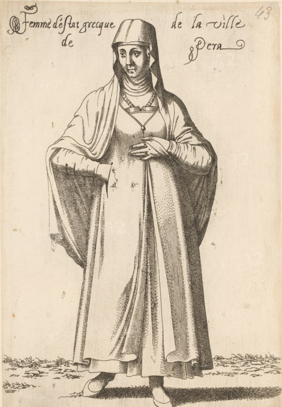 Femme d'estat grecque de la ville de Pera, Greek woman, from Pera, print, album page, book illustration, Print is part of an album., printmaker: Léon Davent, after drawing by Luca Penni (attributed to), after drawing by Nicolas de Nicolay (possibly), publisher: Guillaume Rouille (I), Lyon, 1555 - 1568, Léon Davent, Luca Penni, Nicolas de Nicolay, Guillaume Rouille (I), printmaker, publisher, Attributed to, paper, etching, pasted on album page, height 254 mm x width 172 mm, A monochrome line engraving of a full-length figure wearing layered flowing garments and a head covering, standing on a textured ground; the figure's hands rest near the waist, one hand tucked into a fold of the robe and the other placed over the abdomen, and the face shows a neutral expression with downcast eyes; the clothing includes long sleeves, draped outer robes with visible folds and shading lines, a fitted underdress with a decorative neckline and a pendant, and simple pointed shoes visible beneath the hem.