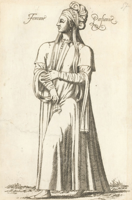 Persian woman, Femme Persienne, print, album page, book illustration, Print is part of an album., printmaker: Léon Davent, after drawing by Luca Penni (attributed to), after drawing by Nicolas de Nicolay (possibly), publisher: Guillaume Rouille (I), Lyon, 1555 - 1568, Attributed to, paper, etching, mounted on album page, height 274 mm x width 172 mm, A monochrome line drawing of a standing woman in a long flowing gown and layered outer garments, shown in profile facing left; she wears a wrapped turban with coiled details and long draped fabric extending down from the head covering, a fitted bodice with vertical folds, and sleeves with wrapped bands; her right hand rests on her left forearm while her left hand holds a piece of cloth, and a long staff or walking stick stands beside her, touching the ground where small tufts of grass and a simple textured surface are visible.