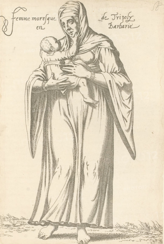 Woman with child, from Tripoli, Femme moresque de Tripoly en Barbarie, print, album page, book illustration, Print is part of an album., printmaker: Léon Davent, after drawing by Luca Penni (attributed to), after drawing by Nicolas de Nicolay (possibly), publisher: Guillaume Rouille (I), Lyon, 1555 - 1568, Attributed to, paper, etching, pasted on album page, height 254 mm x width 170 mm, A monochrome line drawing of a standing woman wearing a long flowing robe and a headscarf, holding a small child against her chest; the woman’s hands cradle the child and one hand rests near her collar while the child’s arm reaches up toward the woman’s face; the woman’s facial features and the child’s curled hair are rendered with fine hatching and crosshatching, and the folds and drapery of the robe show detailed linear shading; the woman wears bracelets on her wrists and stands barefoot on a strip of ground with grass-like marks at the edges.